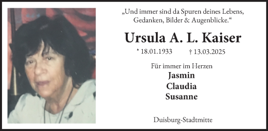 Traueranzeige von Ursula Kaiser von Tageszeitung