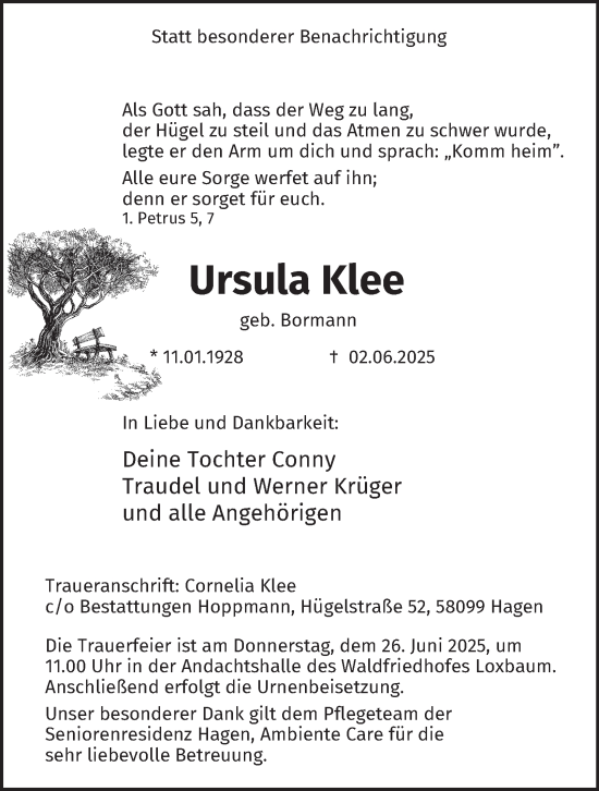 Traueranzeige von Ursula Klee von Tageszeitung