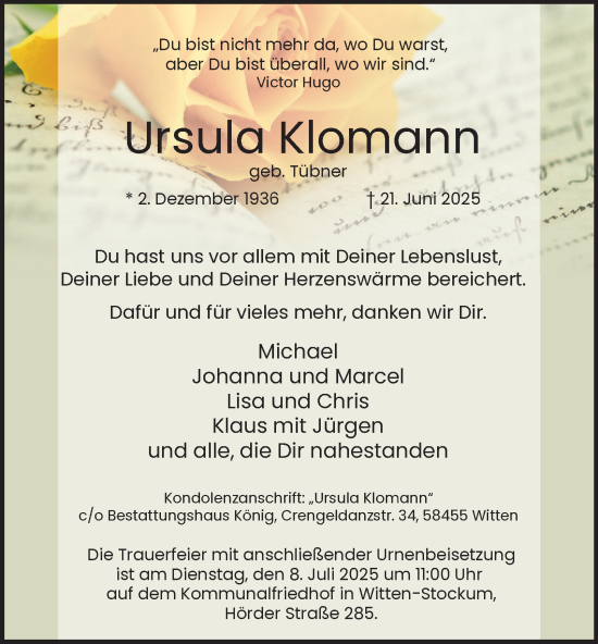 Traueranzeige von Ursula Klomann von Tageszeitung