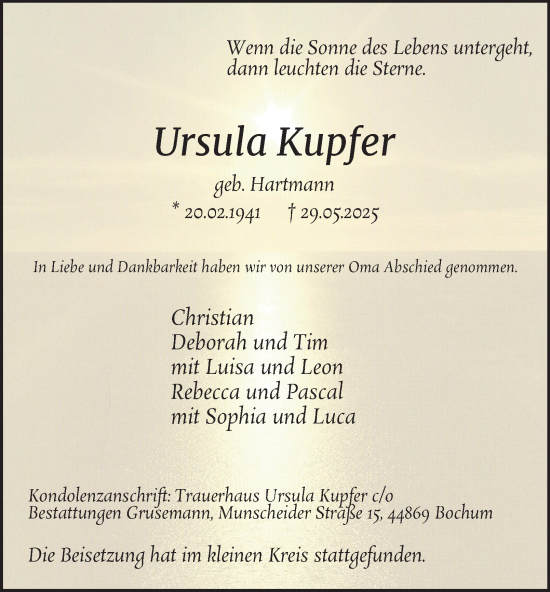 Traueranzeige von Ursula Kupfer von Tageszeitung