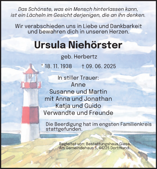 Traueranzeige von Ursula Niehörster von Tageszeitung