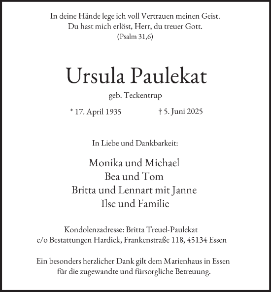 Traueranzeige von Ursula Paulekat von Tageszeitung