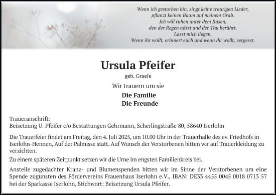 Traueranzeige von Ursula Pfeifer von Tageszeitung