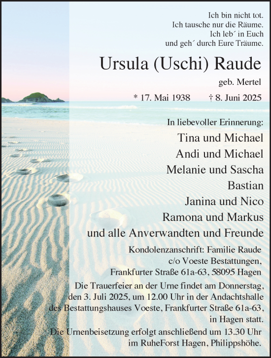 Traueranzeige von Ursula Raude von Tageszeitung