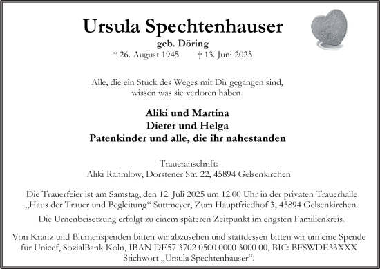Traueranzeige von Ursula Spechtenhauser von Tageszeitung