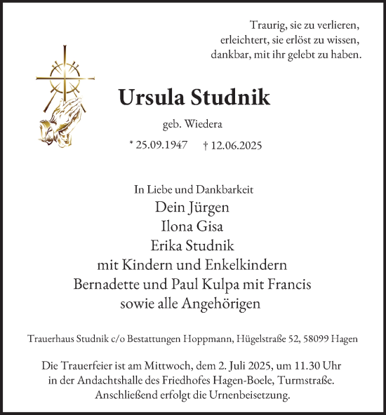 Traueranzeige von Ursula Studnik von Tageszeitung