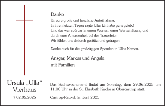 Traueranzeige von Ursula Vierhaus von Tageszeitung