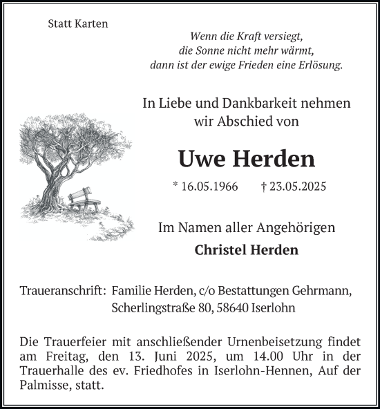 Traueranzeige von Uwe Herden von Tageszeitung