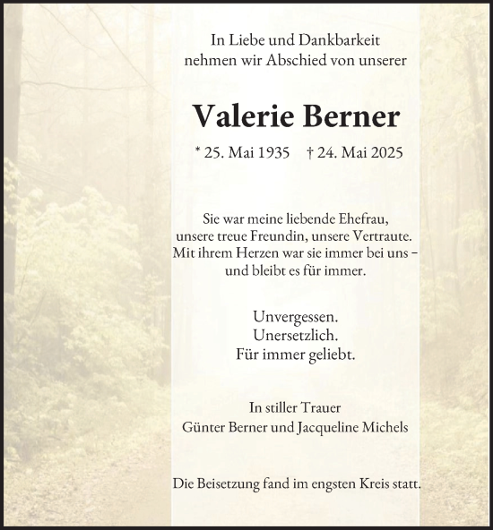 Traueranzeige von Valerie Berner von Tageszeitung