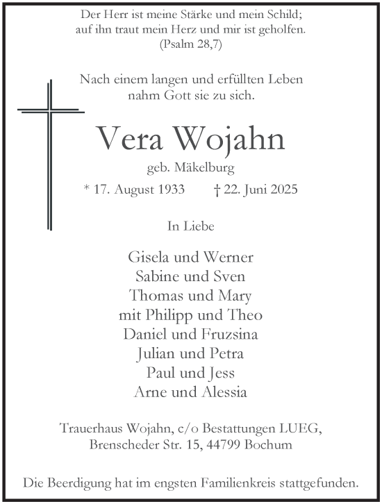 Traueranzeige von Vera Wojhan von Tageszeitung