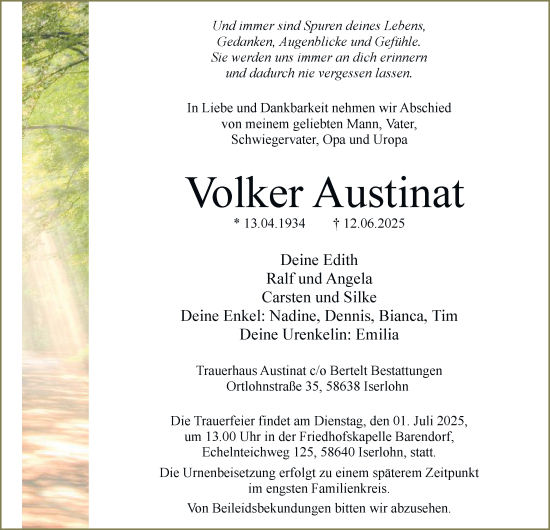 Traueranzeige von Volker Austinat von Tageszeitung
