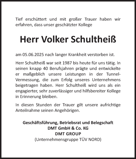 Traueranzeige von Volker Schultheiß von Tageszeitung