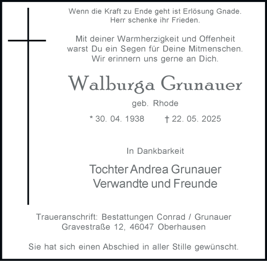 Traueranzeige von Walburga Grunauer von Tageszeitung