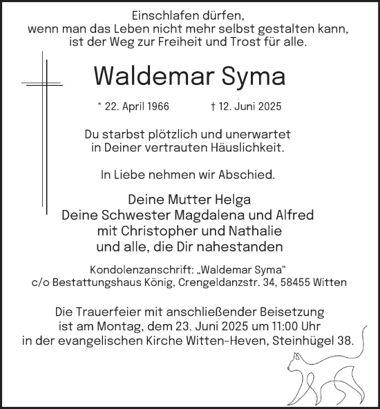 Traueranzeige von Waldemar Syma von Tageszeitung