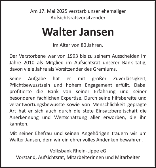 Traueranzeige von Walter Jansen von Tageszeitung