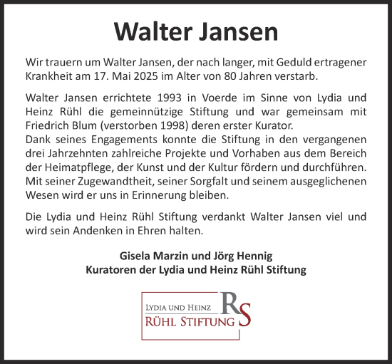 Traueranzeige von Walter Jansen von Tageszeitung