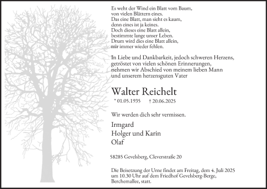 Traueranzeige von Walter Reichelt von Tageszeitung