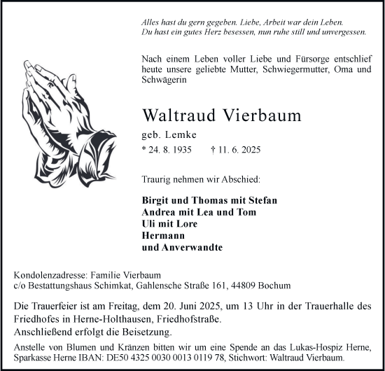 Traueranzeige von Waltraud Vierbaum von Tageszeitung