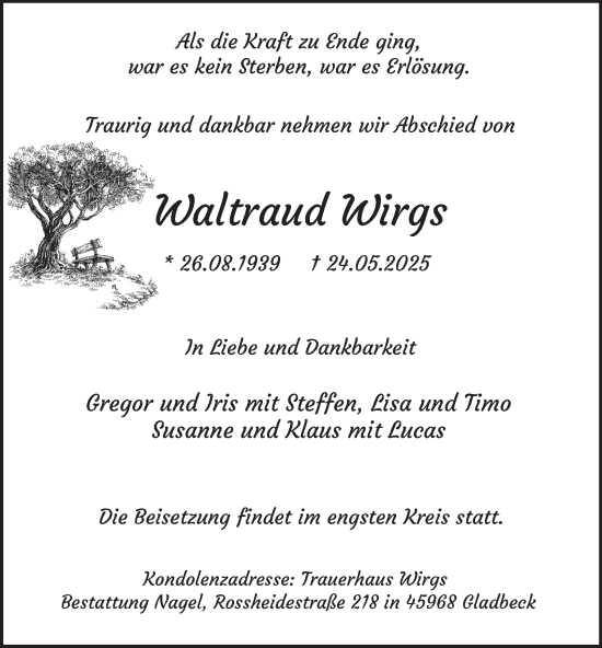 Traueranzeige von Waltraud Wirgs von Tageszeitung
