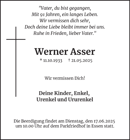 Traueranzeige von Werner Asser von Tageszeitung