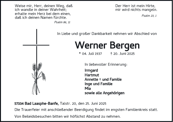 Traueranzeige von Werner Bergen von Tageszeitung