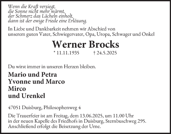 Traueranzeige von Werner Brocks von Tageszeitung