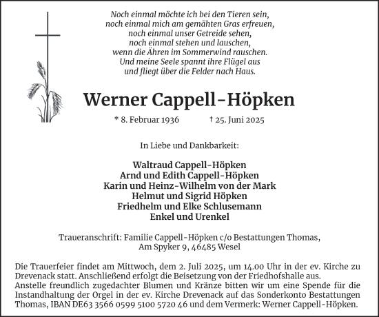 Traueranzeige von Werner Cappell-Höpken von Tageszeitung