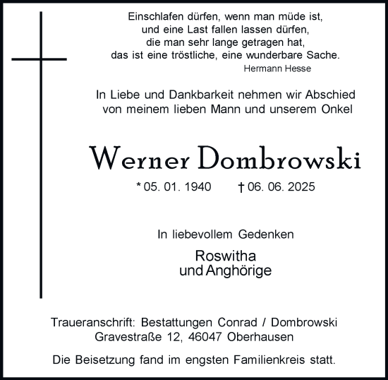 Traueranzeige von Werner Dombrowski von Tageszeitung