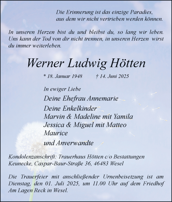 Traueranzeige von Werner  Hötten von Tageszeitung