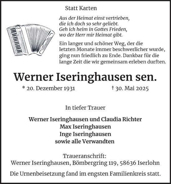 Traueranzeige von Werner Iseringhausen von Tageszeitung