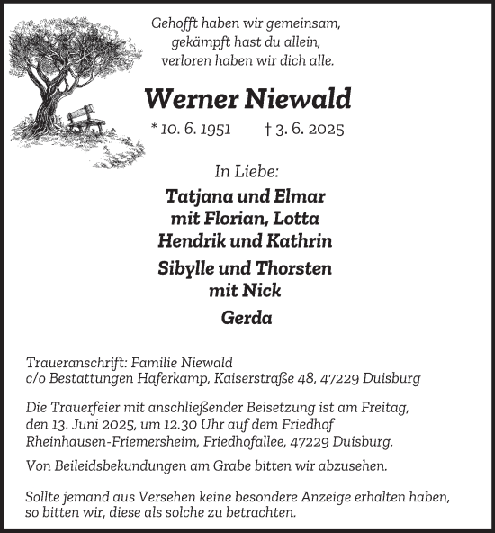 Traueranzeige von Werner Niewald von Tageszeitung