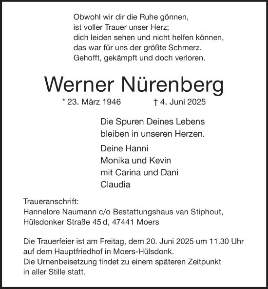 Traueranzeige von Werner Nürenberg von Tageszeitung