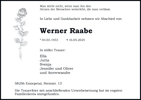 Traueranzeige von Werner Raabe von Tageszeitung