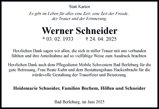 Traueranzeige von Werner Schneider von Tageszeitung