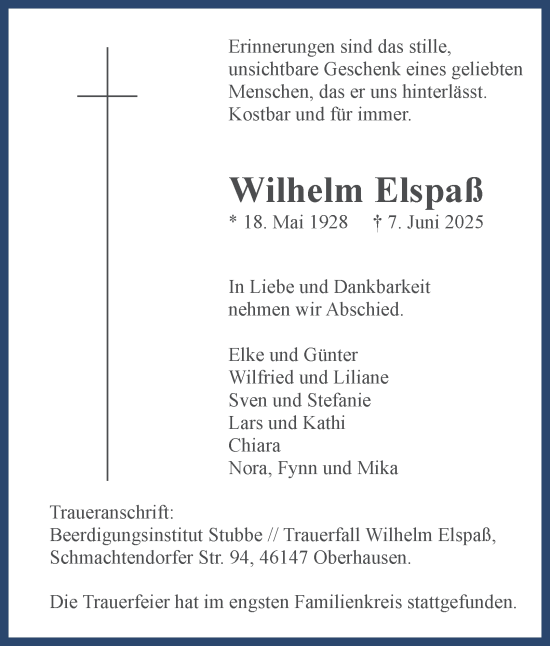 Traueranzeige von Wilhelm Elspaß von Tageszeitung