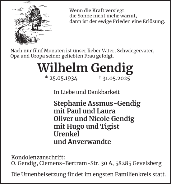 Traueranzeige von Wilhelm Gendig von Tageszeitung