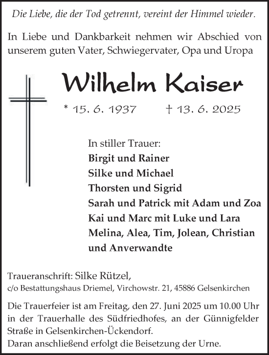 Traueranzeige von Wilhelm Kaiser von Tageszeitung