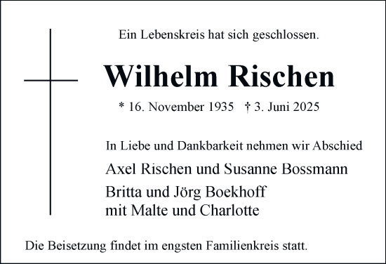 Traueranzeige von Wilhelm Rischen von Tageszeitung