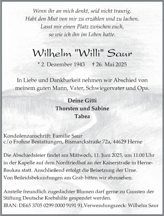Traueranzeige von Wilhelm Saur von Tageszeitung