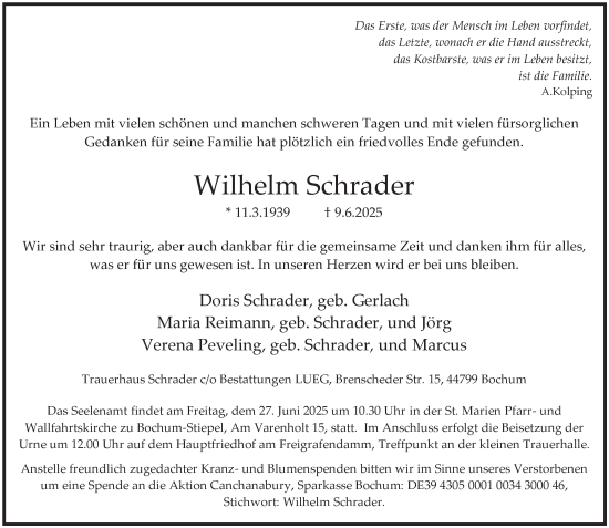 Traueranzeige von Wilhelm Schrader von Tageszeitung