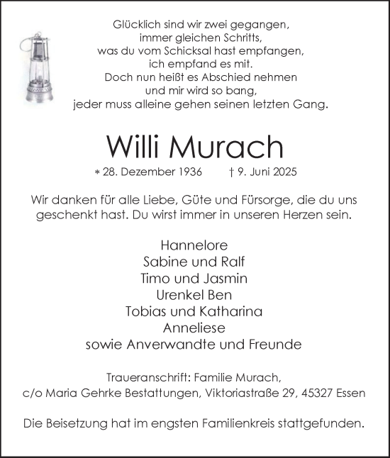 Traueranzeige von Willi Murach von Tageszeitung