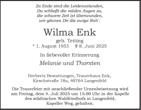 Traueranzeige von Wilma Enk von Tageszeitung