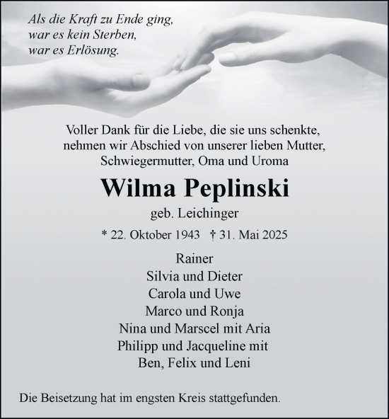 Traueranzeige von Wilma Peplinski von Tageszeitung