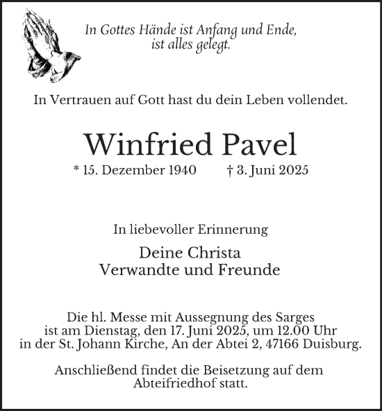 Traueranzeige von Winfried Pavel von Tageszeitung