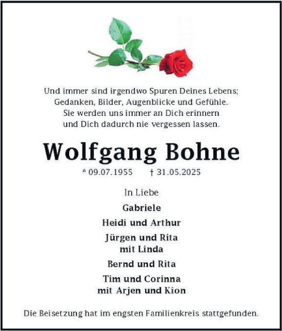Traueranzeige von Wolfgang Bohne von Tageszeitung