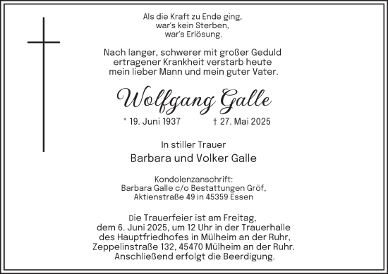Traueranzeige von Wolfgang Galle von Tageszeitung