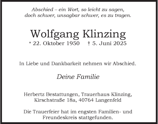 Traueranzeige von Wolfgang Klinzing von Tageszeitung
