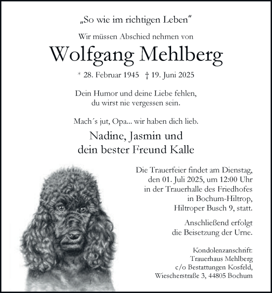 Traueranzeige von Wolfgang Mehlberg von Tageszeitung