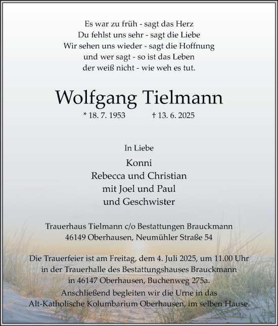 Traueranzeige von Wolfgang Tielmann von Tageszeitung