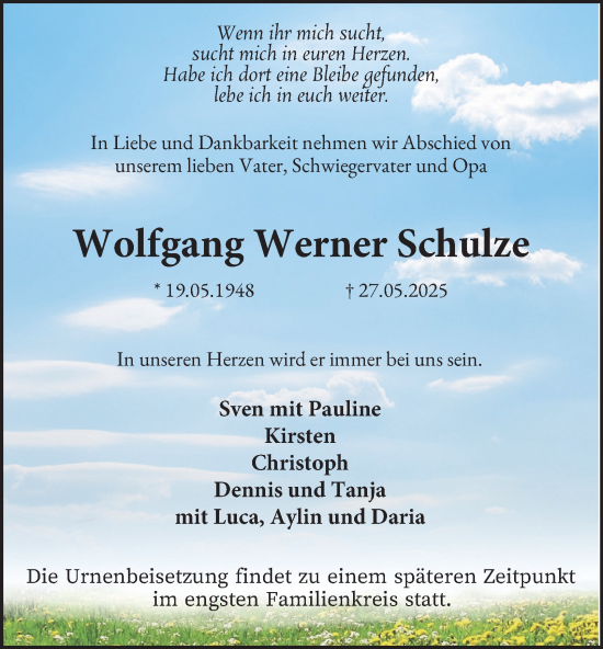 Traueranzeige von Wolfgang Werner Schulze von Tageszeitung